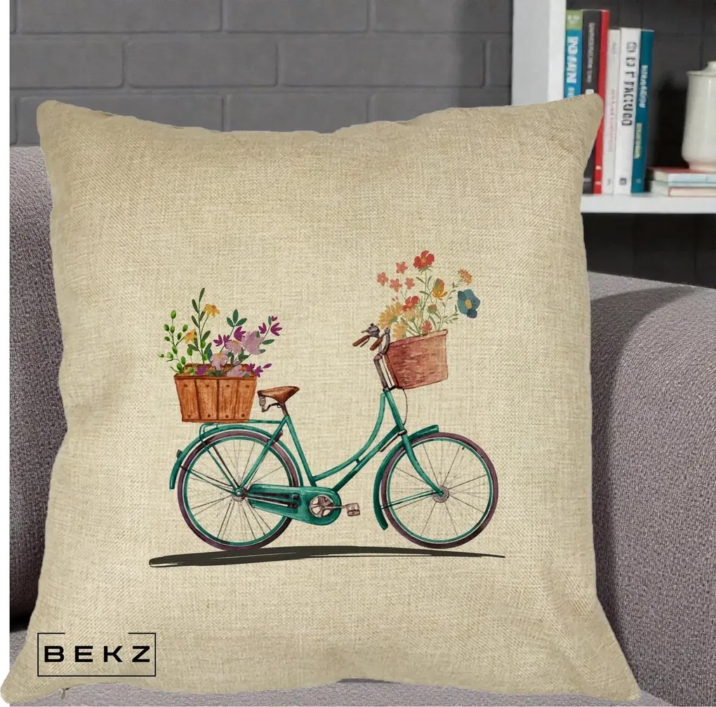 Perna Decorativa Bicicleta Florala Turcoaz Acuarela, 40x40 cm, Crem, Husa Detasabila, Perna Inclusa, BEKZ®