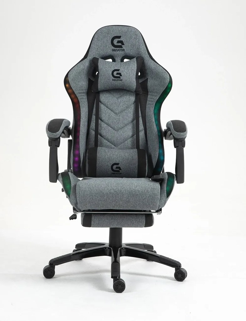 Scaun gaming, Masaj 7 puncte, Sistem iluminare banda LED RGB, Boxe Bluetooth, funcție șezlong, 90-155 grade, suport picioare, Textil, Gri/Negru