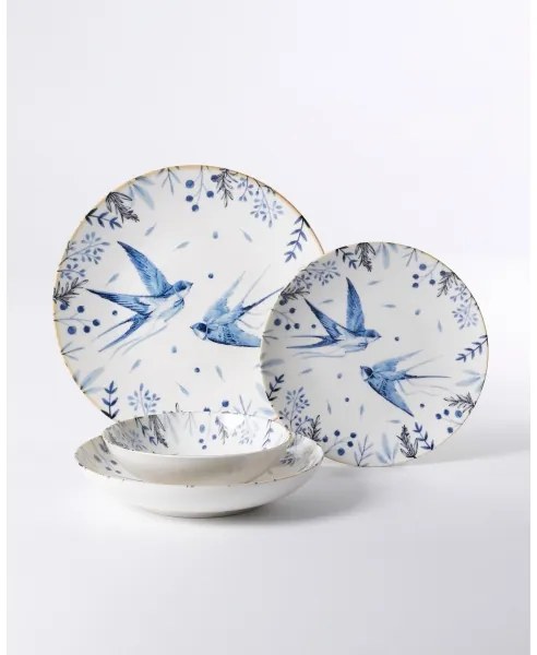 Set veselă 24 piese, porțelan, alb/albastru