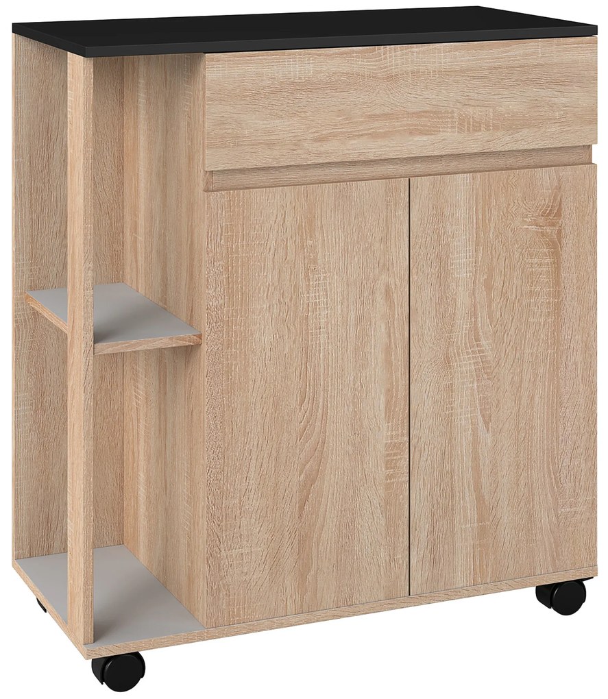 HOMCOM Dulapior de Bucătărie cu Sertare și Roți, Mobilier din Lemn, 78x39.5x88.5 cm, Stejar &amp; Negru | Aosom Romania