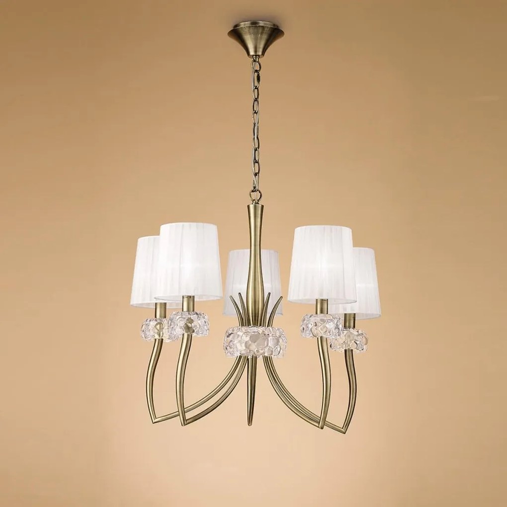 Candelabru clasic cu 5 brate LOEWE antique brass/ abajur alb