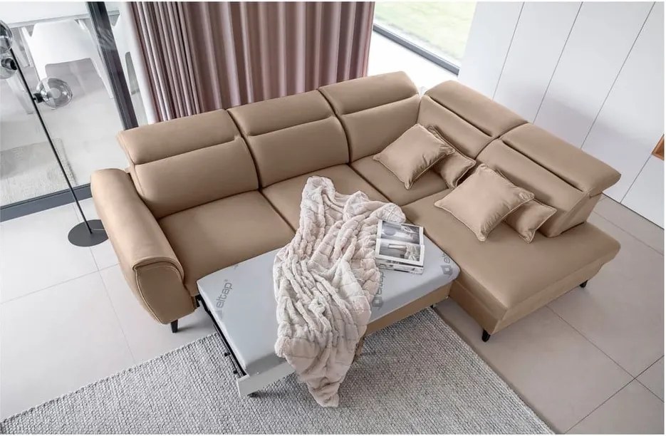 Colțar maro deschis extensibil/cu spațiu de depozitare cu tapițerie din catifea (cu colț pe partea dreaptă/în formă de ”L”) Noble – ELTAP