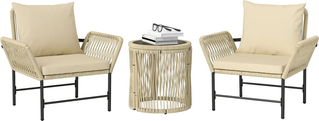 Outsunny Set mobilier de grădină din Polyrattan, mobilier outdoor pentru balcon pentru 2 persoane, 3 piese cu 2 scaune, măsuță laterală, perne | Aosom Romania
