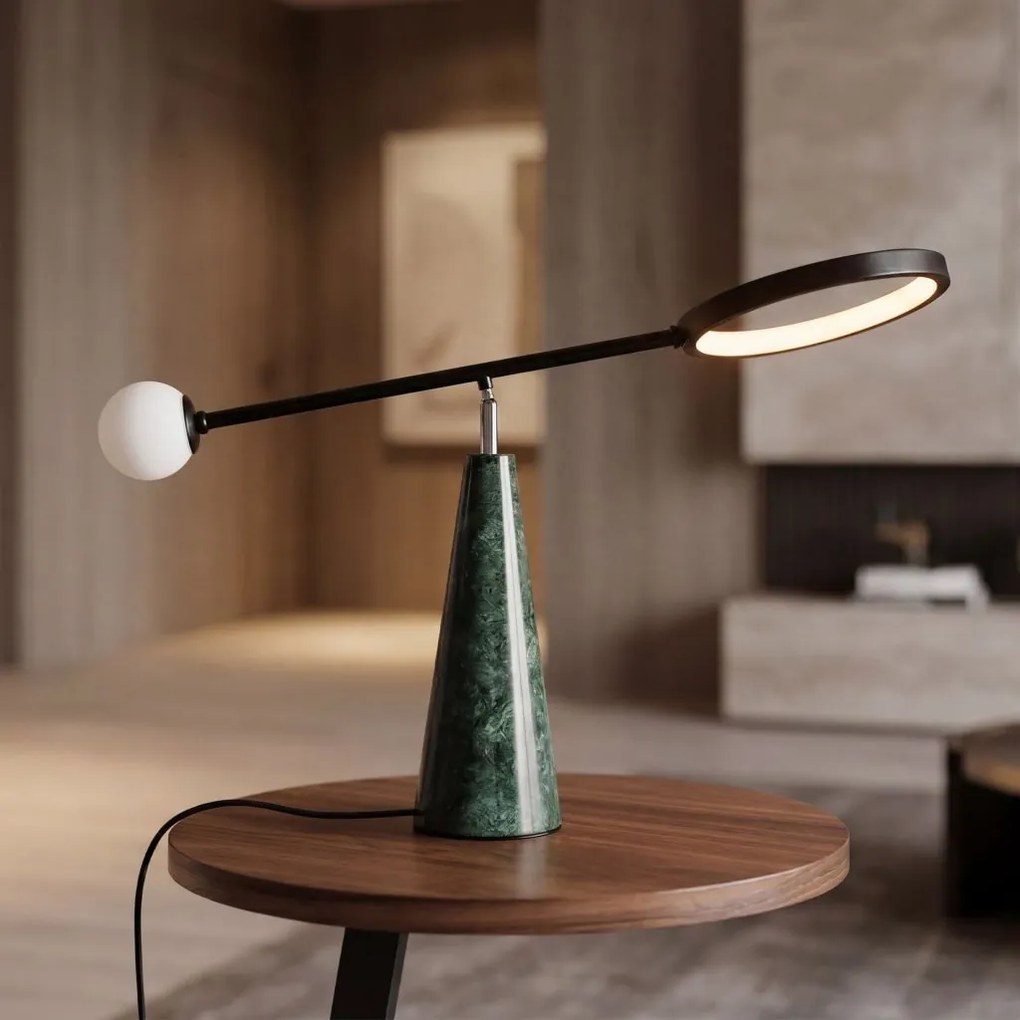 Lampa de masa LED din otel negru si marmura portelanata verde