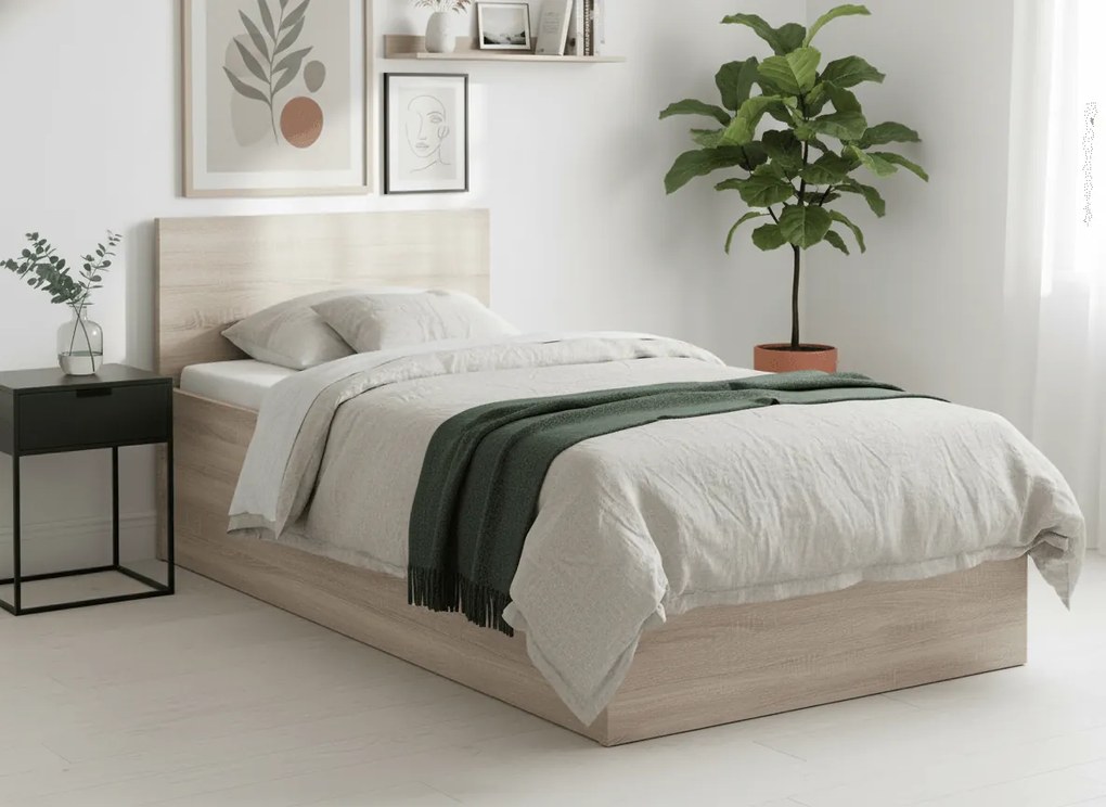 Pat de o persoana stejar sonoma, SOFIA 90 x 200 cm Saltele: Cu saltele Somnia 18 cm, Somiera pat: Cu lamele drepte