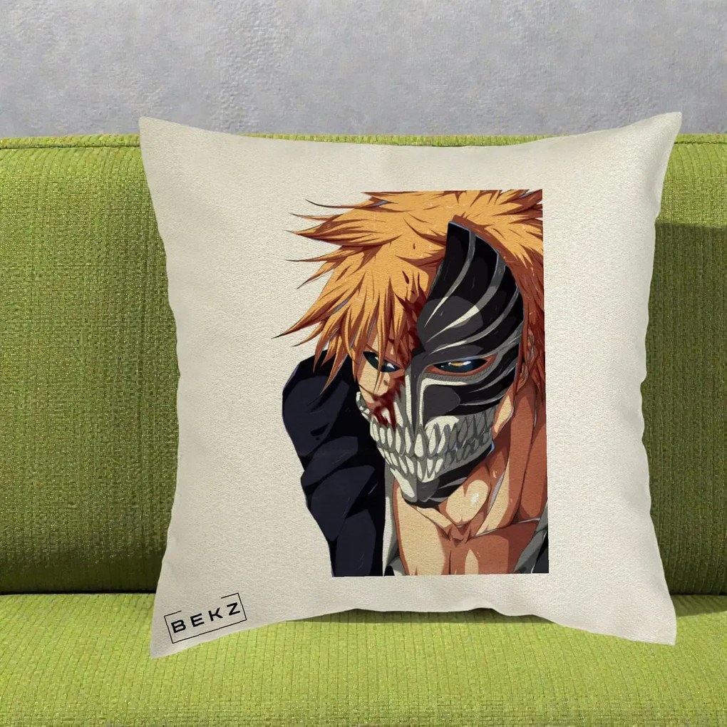 Perna Personalizata Bleach Ichigo Masca Hollow, 40x40 cm, Ecru, Husa Detasabila, Perna Inclusa, BEKZ®
