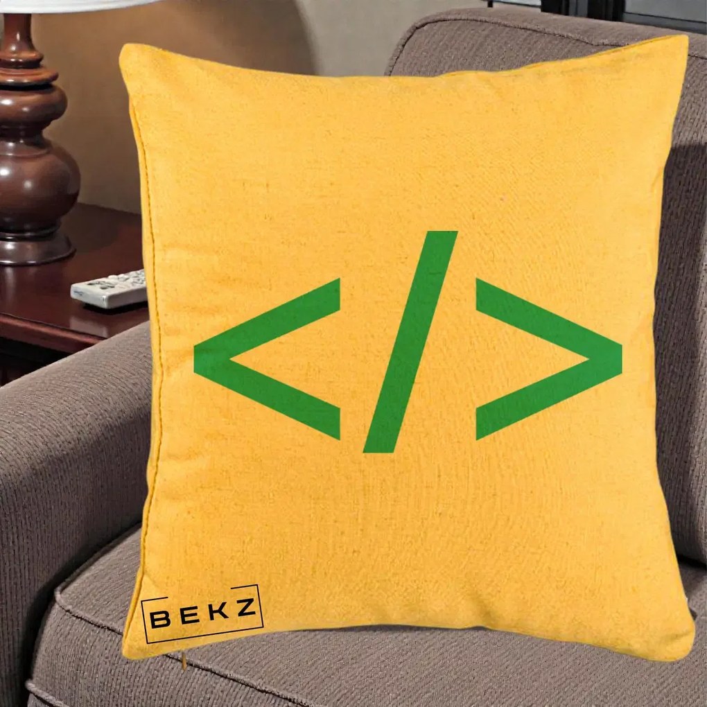 Perna Personalizata Cod HTML Turcoaz, 40x40 cm, Galben, Husa Detasabila, Perna Inclusa, BEKZ®