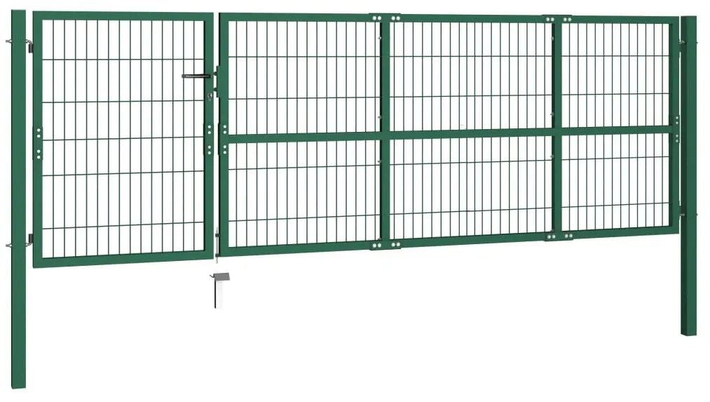 Poarta gard de gradina cu stalpi, verde, 350 x 100 cm, otel Verde, 100 cm