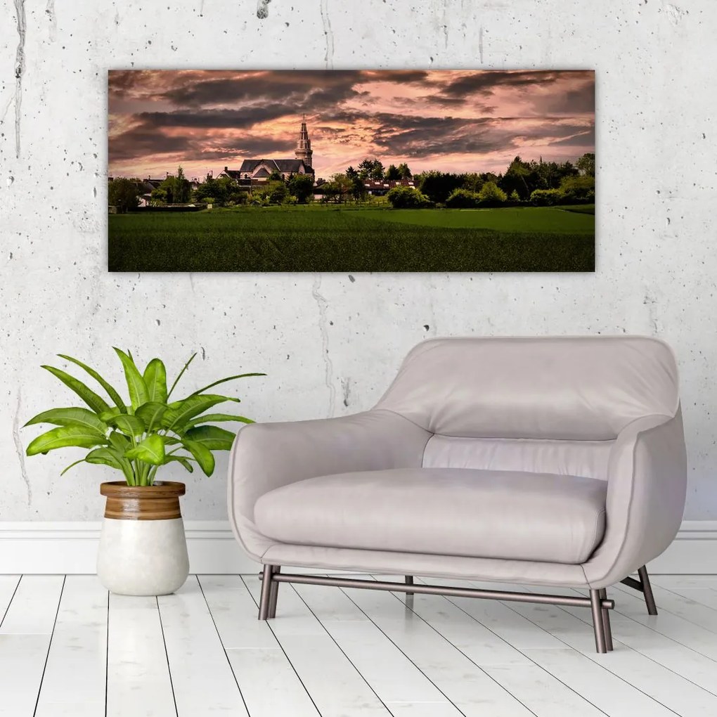 Tablou cu peisaj și biserică (120x50 cm)