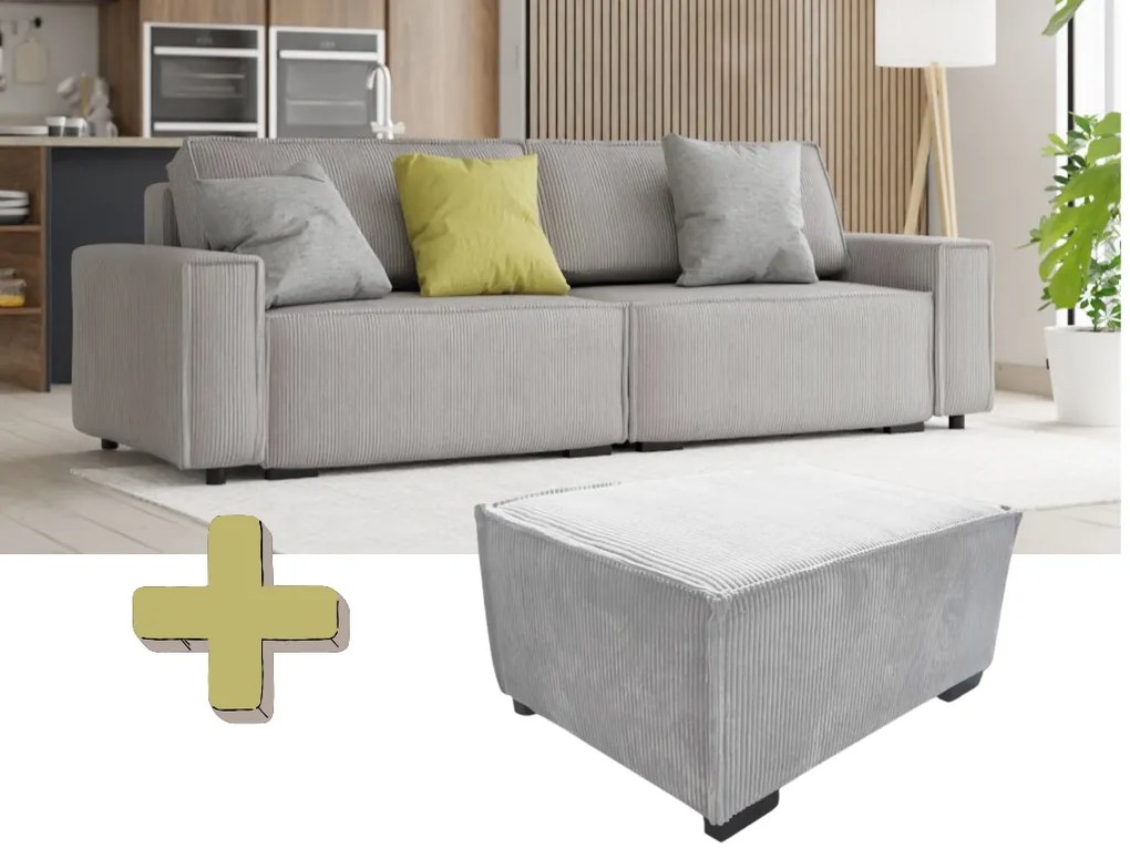 Canapea extensibila pentru trei persoane cu taburet SMART SET, gri deschis