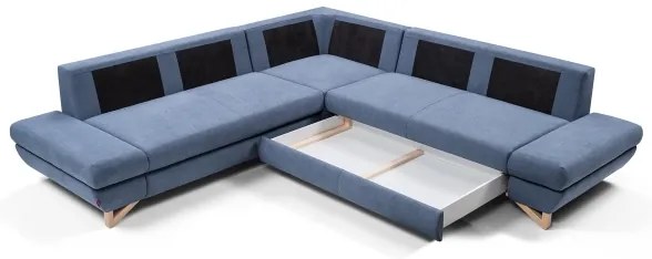 Canapea colțar extensibilă tapițată cu spațiu de depozitare, în formă de L AVESTA, albastră