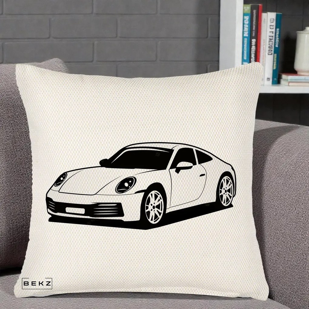Perna Personalizata Porsche 911 Silueta, 40x40 cm, Crem Reliefat, Husa Detasabila, Perna Inclusa, BEKZ®