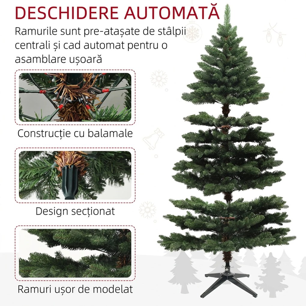 HOMCOM Brad de Crăciun Artificial cu 1050 Crengi Ignifuge, Pom de Crăciun Realist în Formă de Pin, Ø120x180 cm, Verde | Aosom Romania