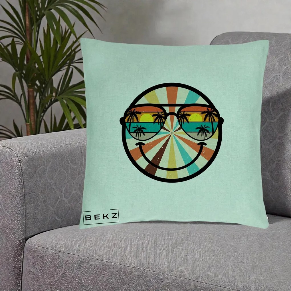 Perna Decorativa Smiley Face Retro Sunset Palmieri, 40x40 cm, Verde Menta, Husa Detasabila, Perna Inclusa, BEKZ®