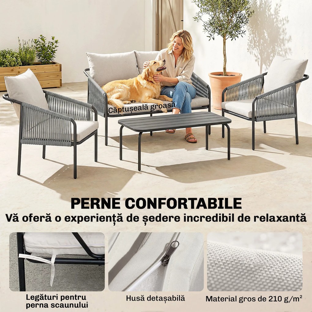 Outsunny Set de Grădină din Ratan 4 Piese cu Canapea, Fotolii, Măsuță, Bej | Aosom Romania