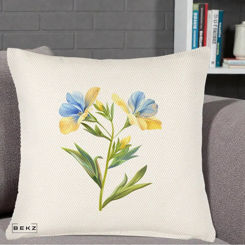 Perna Decorativa Botanica Frezie Galbena si Albastra, 40x40 cm, Crem Reliefat, Husa Detasabila, Perna Inclusa, BEKZ®