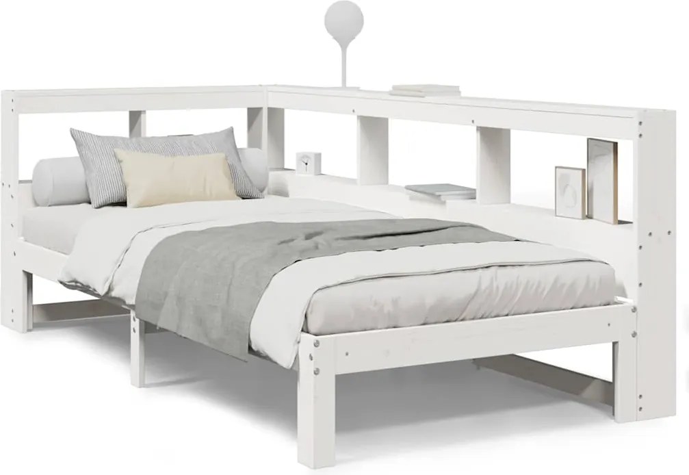 vidaXL Pat cu bibliotecă fără saltea, alb, 75x190 cm, lemn masiv pin