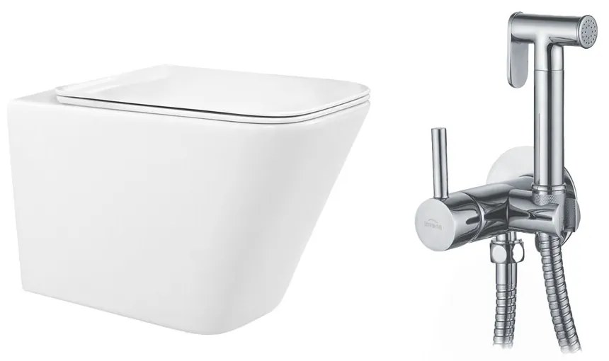 Pachet vas wc suspendat Rea, capac softclose si set dus igiena intima crom cu baterie incastrata Invena Bidetta