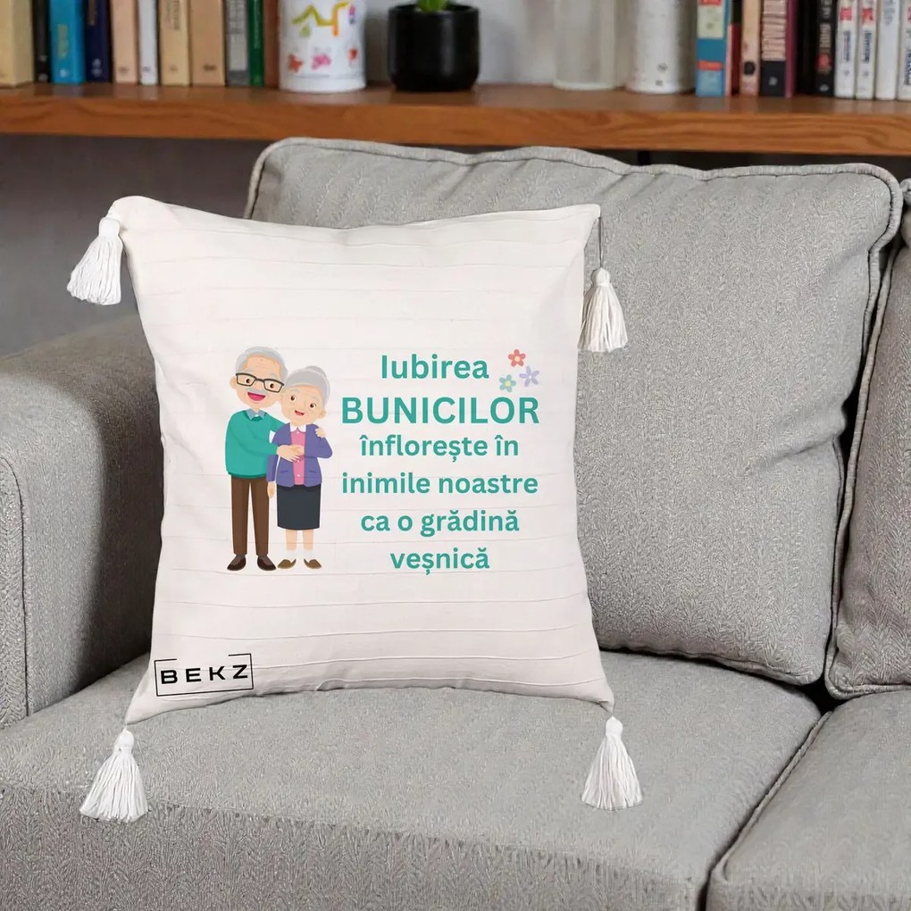 Cadou pentru Bunici - Perna Personalizata Bunicii Iubirea Infloreste Cuplu Senior Teal, 40x40 cm, Bej cu Franjuri, Husa Detasabila, Perna Inclusa, BEKZ®