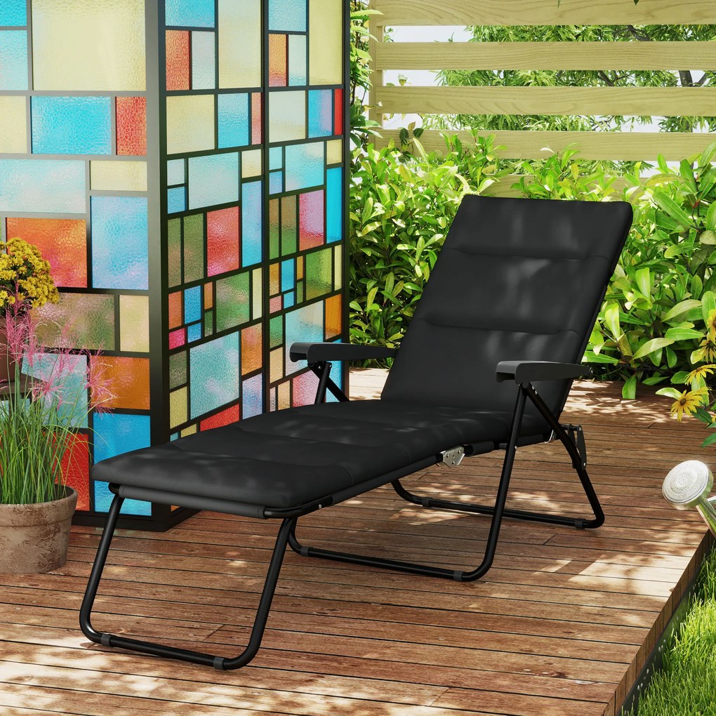 Outsunny Șezlong pliabil transat înclinat 6 poziții cu saltea + cotiere oțel poliester 153 x 58,5 x 89 cm negru | Aosom Romania
