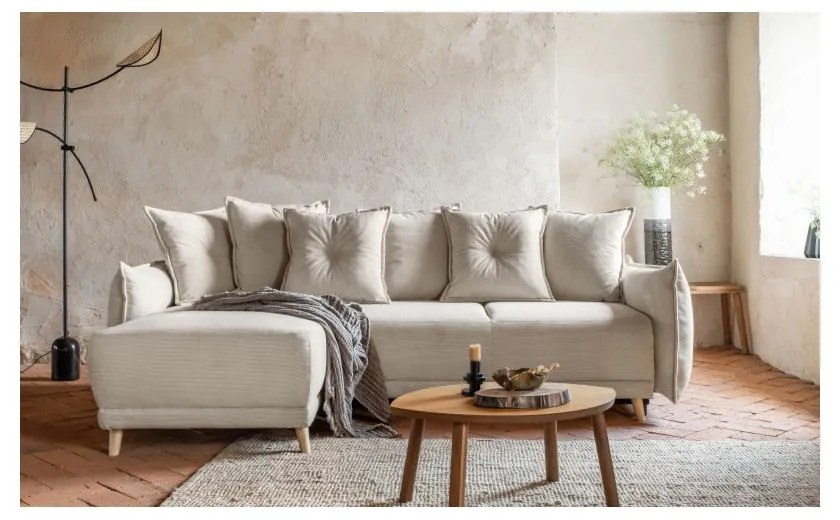 Colțar bej extensibil cu tapițerie din catifea reiată (colț variabil) Lazy Lukka – Miuform