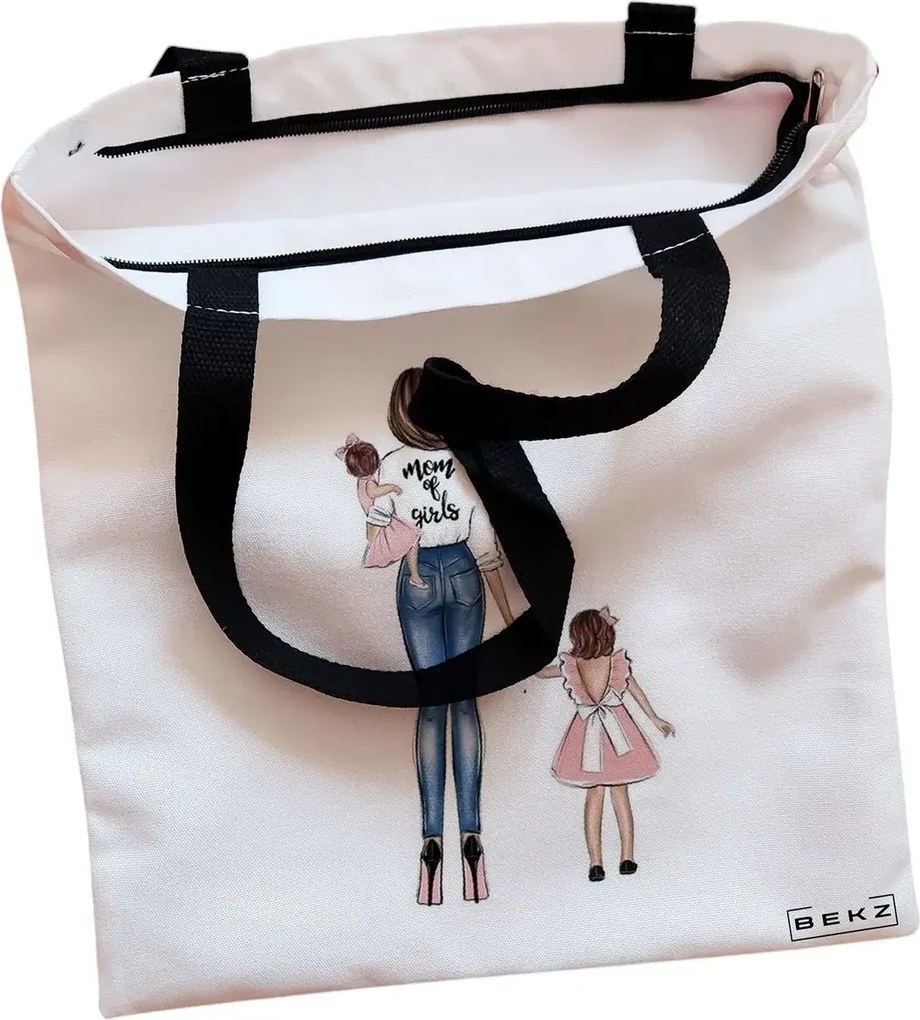 Sacosa de Panza pentru Cumparaturi, Geanta Tote, model Mom of Girls, Cu fermoar, 38x34.5 cm, Alba, BEKZ®