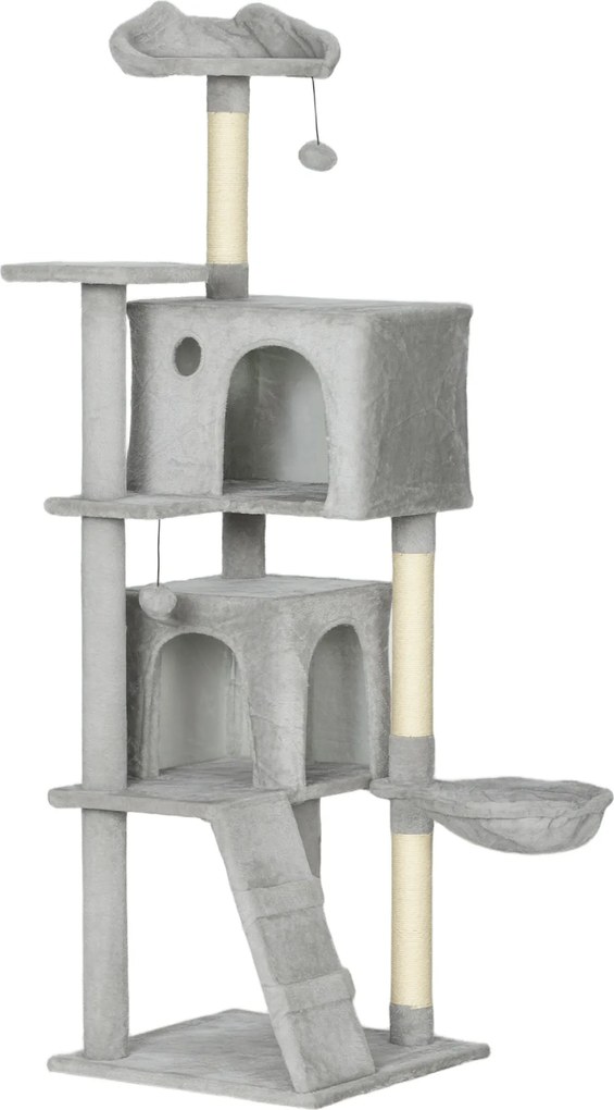 PawHut Arbore de Zgâriat pentru Pisici Înalt de 160 cm cu 2 Căsuțe, Hamac, Pat și Stâlpi din Sisal, Gri | Aosom Romania