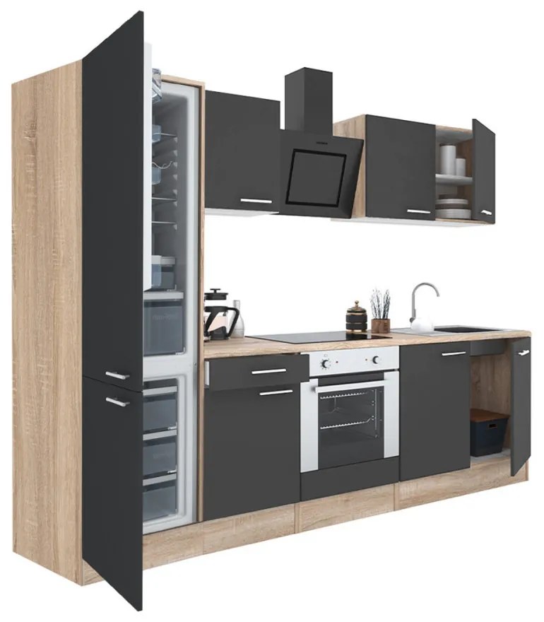 Mobilă de bucătărie Yorki 270, corp din stejar sonoma, față antracit satinat cu element cuptor inferior și frigider congelator inferior