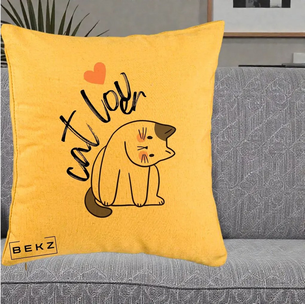 Perna Personalizata Cat Lover Pisica Ilustratie Linie, 40x40 cm, Galben, Husa Detasabila, Perna Inclusa, BEKZ®