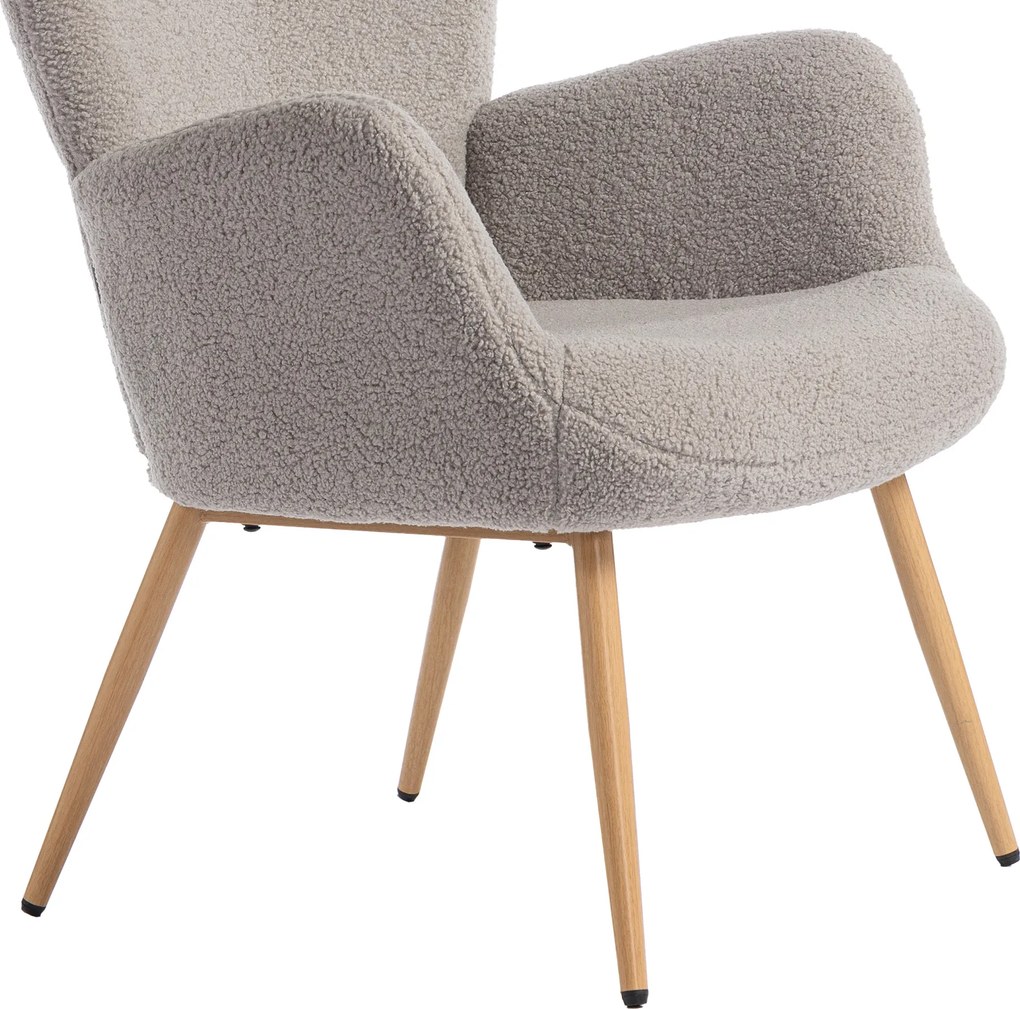 Fotoliu Modern Imbottito de Sufragerie HOMCOM, Fotoliu de Dormitor în Țesătură Sherpa cu Spătar Înalt și Brațe, Fotoliu Relax cu Cadru din Oțel pentru Sufragerie, Gri Deschis | Aosom Romania