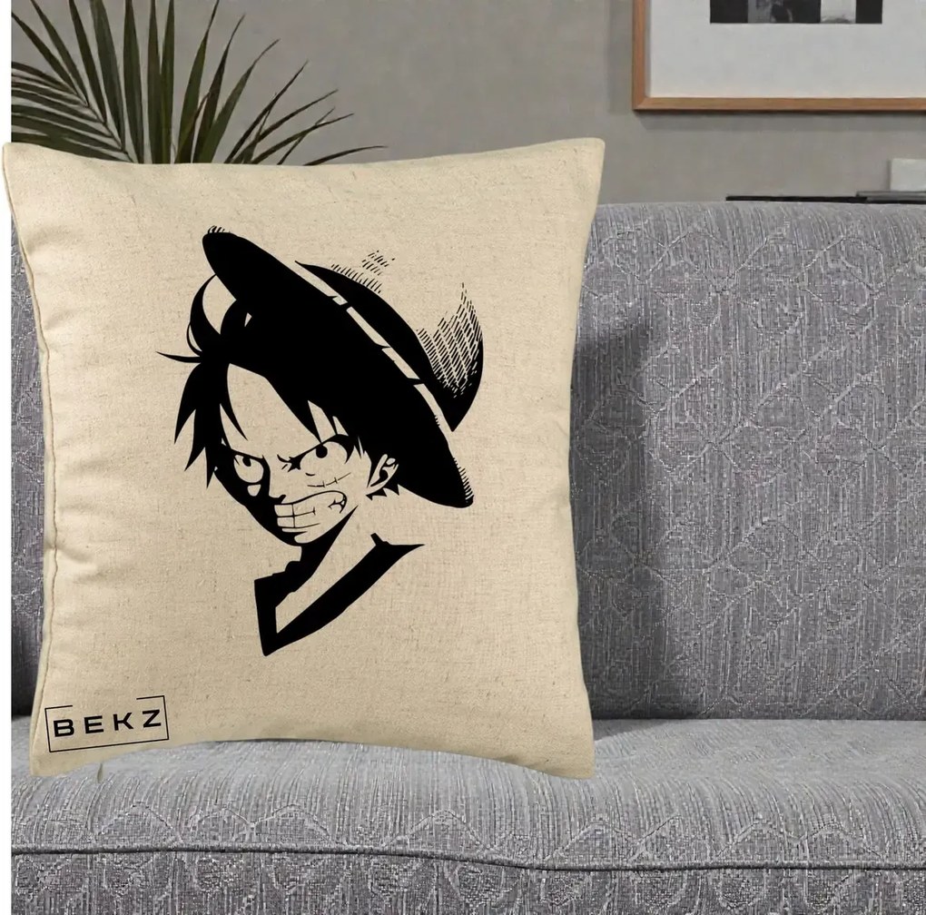 Perna Personalizata One Piece Luffy Silueta Alb-Negru, 40x40 cm, Bej, Husa Detasabila, Perna Inclusa, BEKZ®