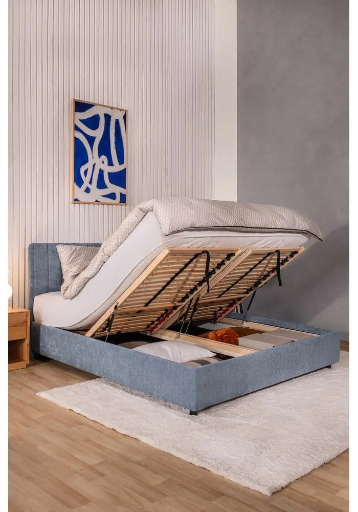 Pat matrimonial albastru tapițat cu spațiu de depozitare cu somieră 180x200 cm Myra Slim Line – Bonami Selection