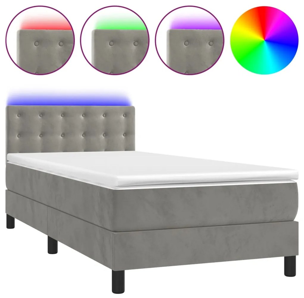 3134621 vidaXL Pat cu arcuri, saltea și LED, gri deschis, 90x200 cm, catifea