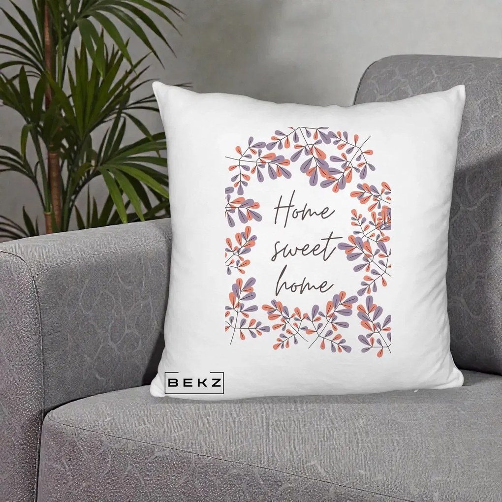 Perna Decorativa Home Sweet Home Frunze Colorate, 40x40 cm, Alb Pufos, Husa Detasabila, Perna Inclusa, BEKZ®