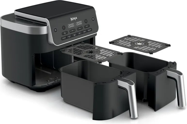 Friteuza cu aer cald Ninja Foodi Dual Zone DZ801EU, 2470 W, Zone de gatit independente, 7,6 l, 6 programe, 40-240°C, Max Crisp, Sync, Gri/Inox
