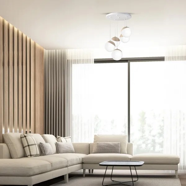 Lustră pe cablu SFERA WOOD 5xE14/40W/230V alb