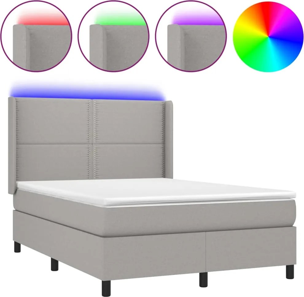 vidaXL Pat cu arcuri, saltea și LED, gri deschis, 140x200 cm, textil