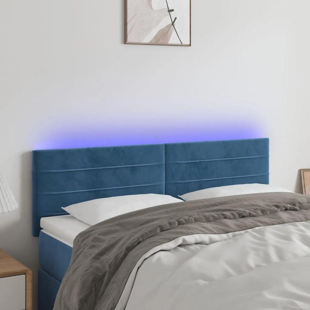 3121804 vidaXL Tăblie de pat cu LED, albastru închis, 144x5x78/88 cm, catifea