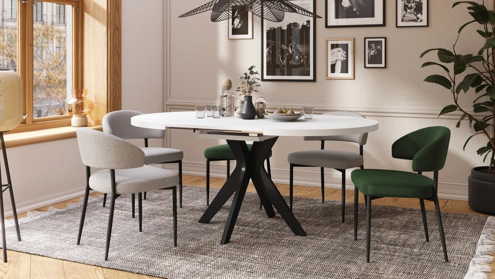 Mazzoni RENZO Alb/picior negru - MASĂ ROTUNDĂ Ø110 EXTENSIBILĂ PÂNĂ LA 180 cm | PENTRU BUCĂTĂRIE SUFRAGERIE LIVING RETRO