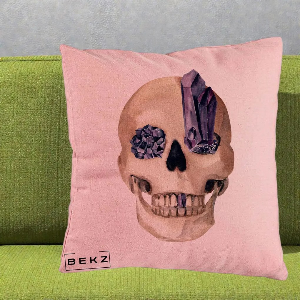 Perna Decorativa Craniu cu Cristale de Ametist, 40x40 cm, Roz, Husa Detasabila, Perna Inclusa, BEKZ®
