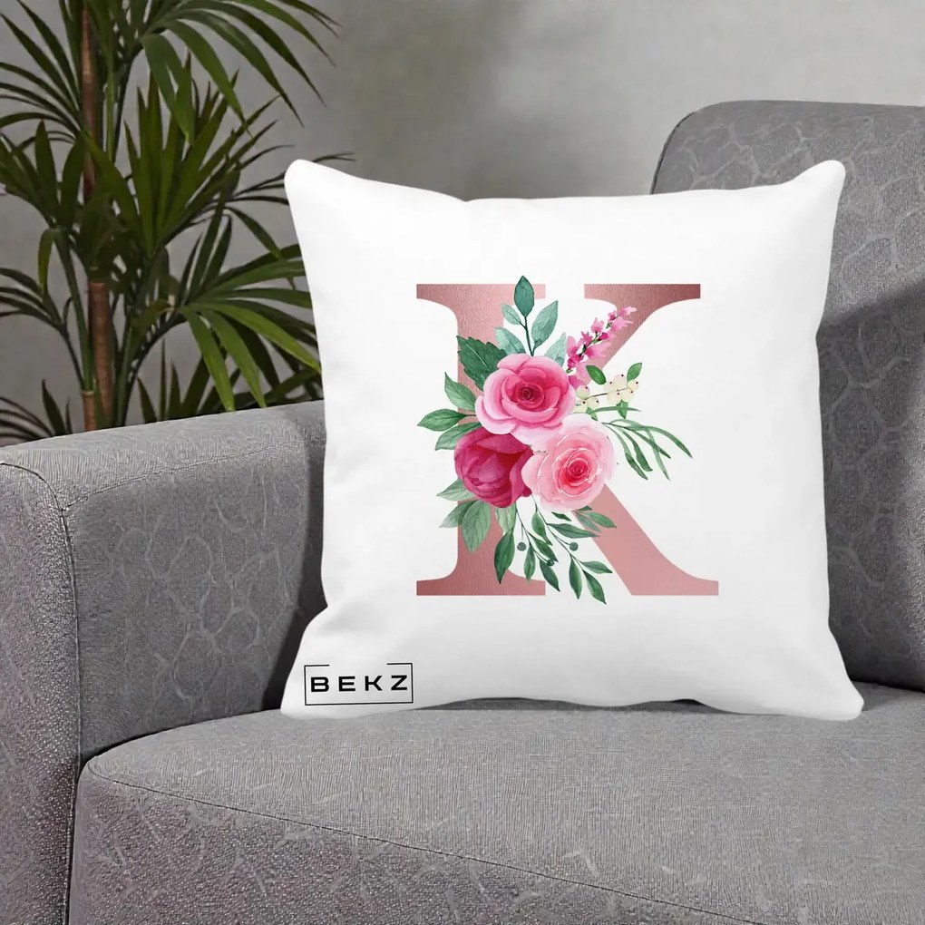 Cadou Personalizat - Perna Personalizata Monograma Rose Gold Litera K, 40x40 cm, Alba Mata, Husa Detasabila, Perna Inclusa, BEKZ®