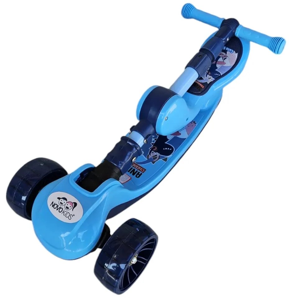 Trotineta 2 in 1 pentru copii cu roti luminoase din silicon NOVOKIDS™ Mini Scooter 8130, Cu melodii , 3 roti, Pliabila, Maner reglabil pe inaltime,