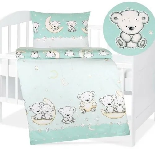 Lenjerie de pat pentru pătuț Bellatex Cotton AgataBear mint, 90 x 135 cm, 45 x 60 cm