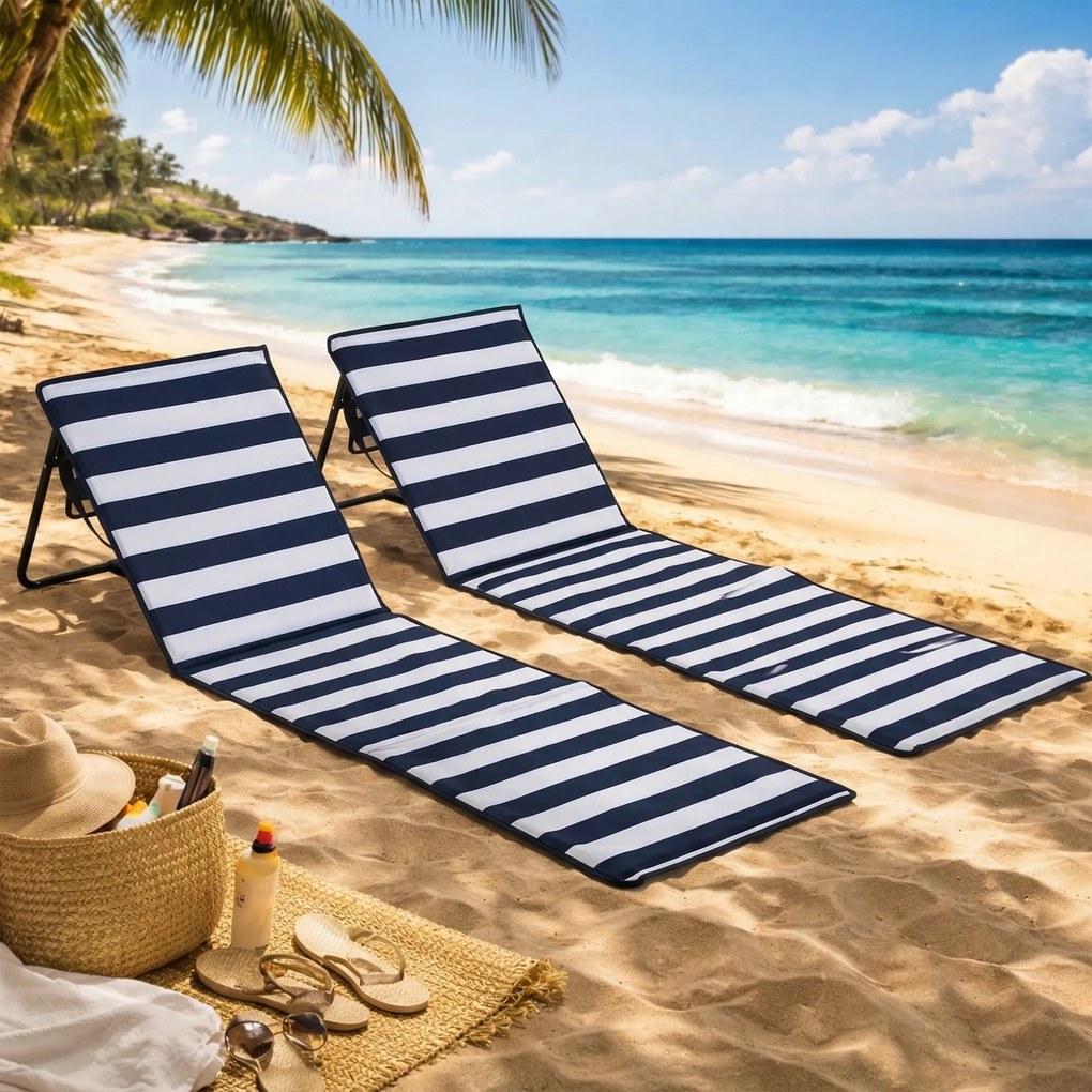 Outsunny Set 2 Șezlonguri Pliabile cu Unghi Reglabil și Buzunar cu Fermoar, 142x51x40 cm, Albastru | Aosom Romania