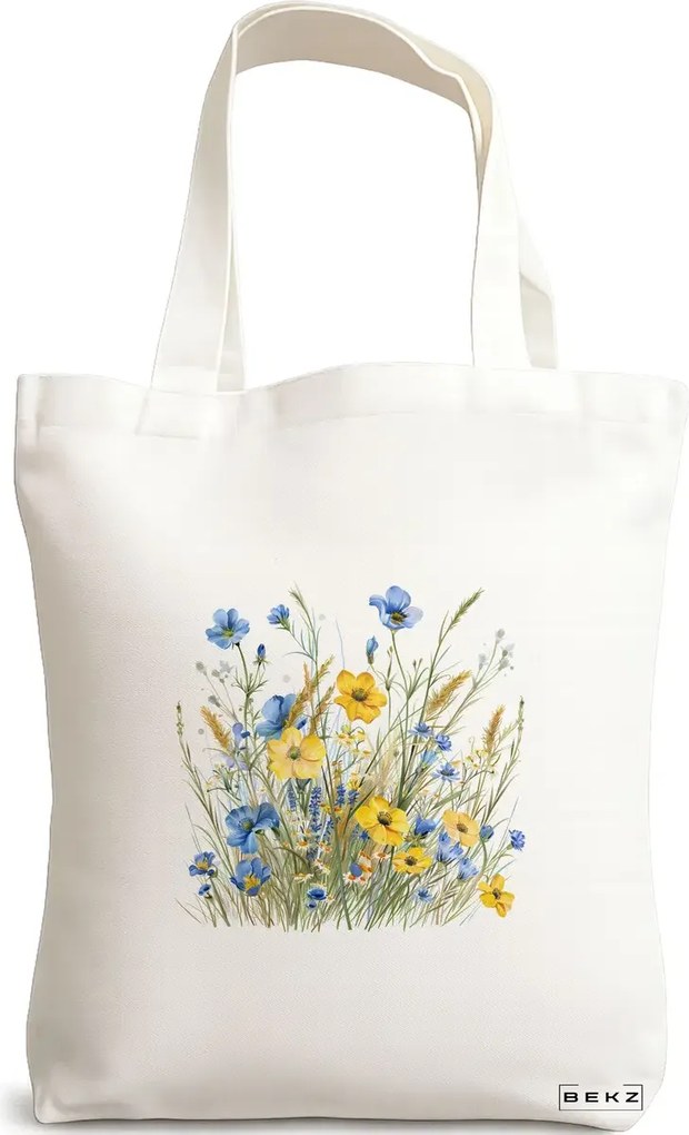 Sacosa de Panza pentru Cumparaturi, Geanta Tote, model Flowers 9 38 x 34.5 cm, Alba, BEKZ®