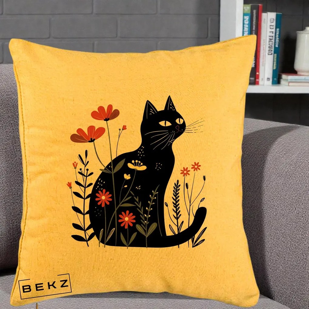 Perna Decorativa Pisica Neagra Flori Rosii Folk, 40x40 cm, Galben, Husa Detasabila, Perna Inclusa, BEKZ®
