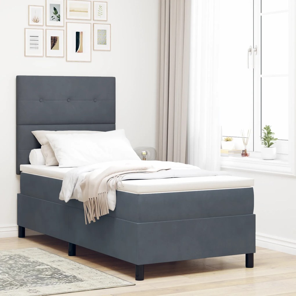 vidaXL Pat box spring cu saltea &amp; LED, gri închis, 80x200 cm catifea