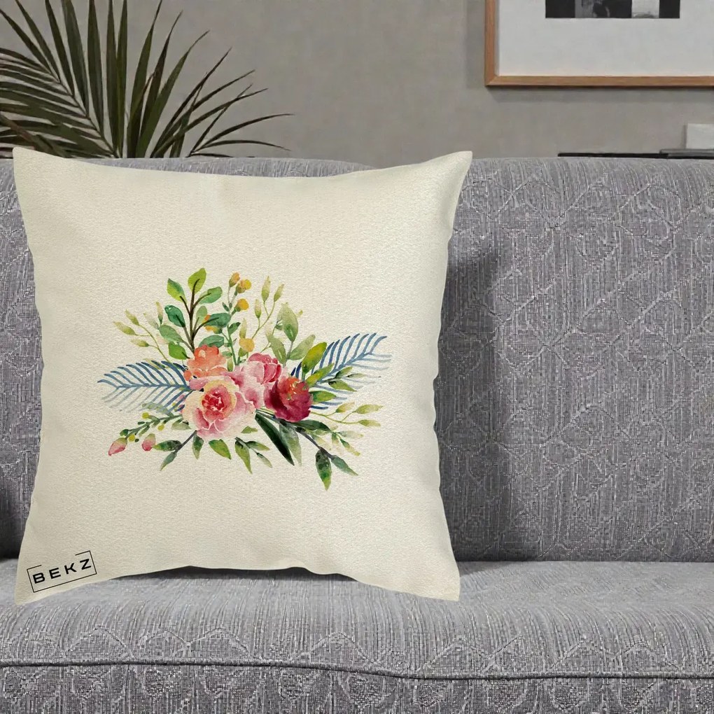 Perna Decorativa Buchet Flori Acuarela Roz-Verde, 40x40 cm, Ecru, Husa Detasabila, Perna Inclusa, BEKZ®