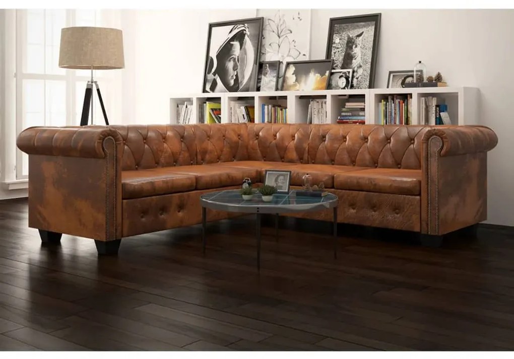 243615 vidaXL Canapea colțar Chesterfield, 5 locuri, maro, piele ecologică