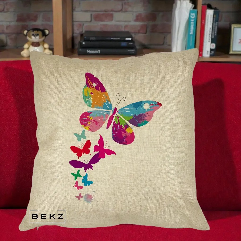 Perna Decorativa Fluturi Splash, 40x40 cm, Crem, Husa Detasabila, Perna Inclusa, BEKZ®